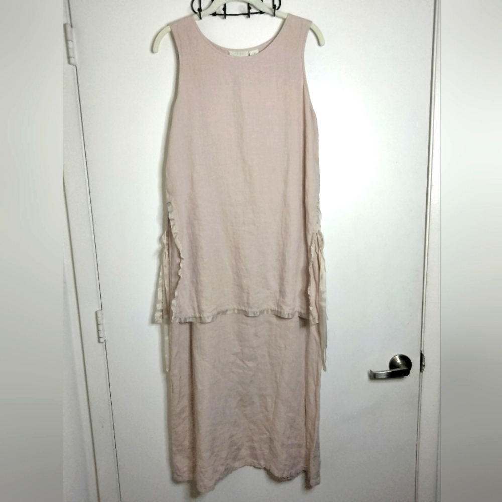 J. Jill (Size Sp) Elegant Cream Lace Trim Sleeveless Linen Minimalist Dress